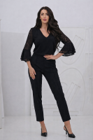 Stylowa bluzka damska koronkowy rękaw 3/4 dekolt V - czarny